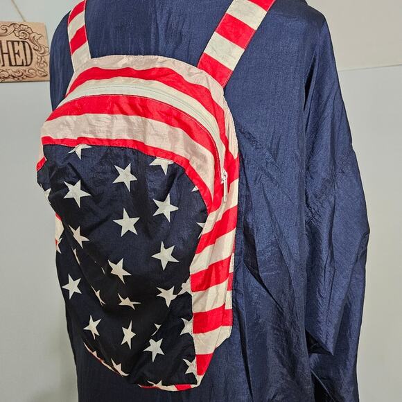 Vintage Blue Backpack Jacket Americana Flag Design Rain Windbreaker Patriotic XL - Picture 8 of 13
